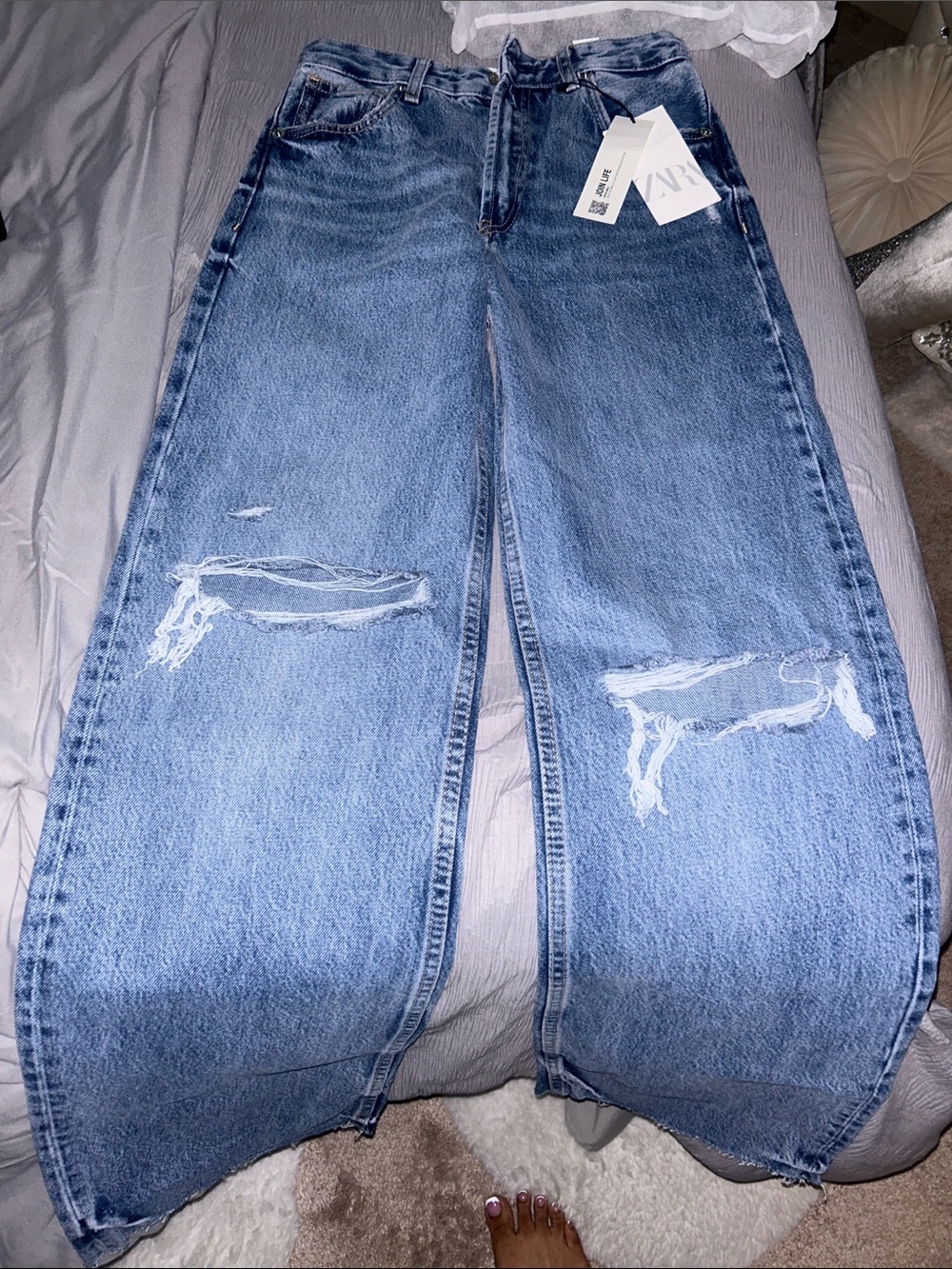 Zara Distressed Wide-Leg Jeans - Denim Blue